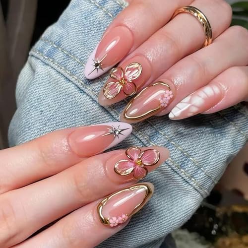 Nude French Tip Press on Nails Almond Medium 3D Flower Fake Nails - color: 14-Pink