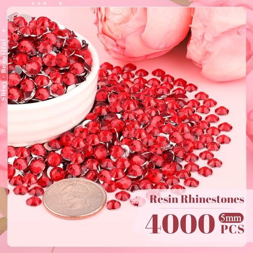 4000PCS 5mm Resin Rhinestones Bulk for Crafting (Red), Flatback Bedazzling Crystals for Crafts DIY Nail Decoration, Gems Charms for Tumbler Shoes Clothing Fabric with Pickup Pen and Tweezers - color: B06 Resin Rhinestones (Red), size: 5mm