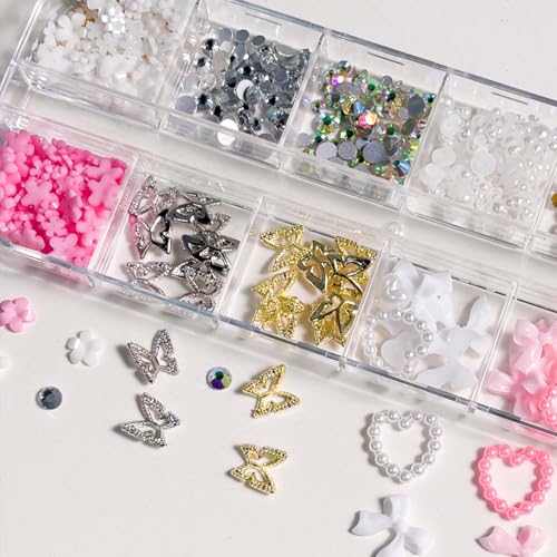 3D Nail Art Charms Metal Butterfly Nail Charms Heart Pearl Bow Flower Flatback Rhinestones Cute Nail Art Charms for Women Manicure Supplies Decorations DIY Accessories 1Box - color: Rhinestone 10