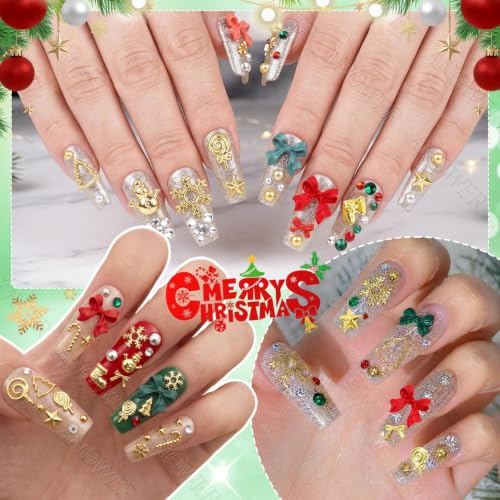 2 Boxes Christmas Nail Charms, Metal Nail Studs & Rhinestones Pearls