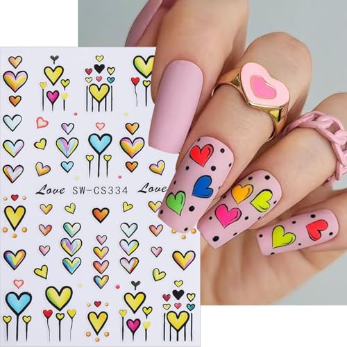 4 Sheets Valentines Nail Stickers 3D Self-Adhesive Red Hearts Nail Art Stickers with Colorful Love Hearts Bow Designs Retro Graffiti Double Heart Nail Decals Holiday Nail Art Supplies for Women DIY - style: Bow Nail Stickers-12