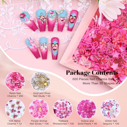 650PCS 3D Resin Nail Charms and Gems Hot Pink Flower Bow Butterfly Charms - color: Hot Pink