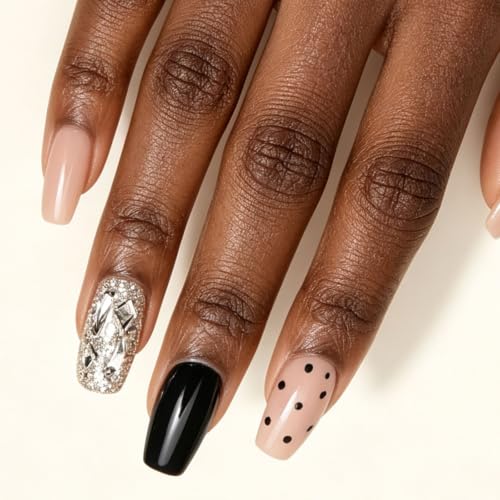 Polka Dots Press on Nails Medium Square Fake Nails with Rhinestone Glitter Designs Black Nails Press ons Glossy Glue on Nails Small Stick on Nails for Women 30Pcs - color: Rhinestone Glitter Designs