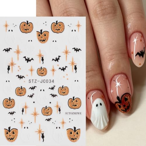 Halloween Ghost Nail Stickers, Pumpkin Bat Gold Frame Nail Decals, 6 Sheets - color: Multicolor-06