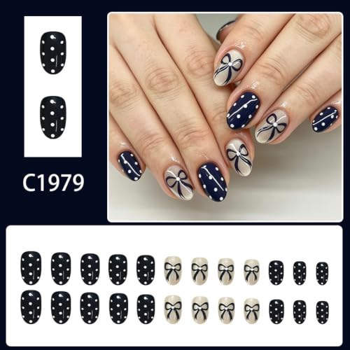 Oval Press on Nails, Short, Blue Bow, White Polka Dot, Acrylic Nails, 24Pcs - color: style-04