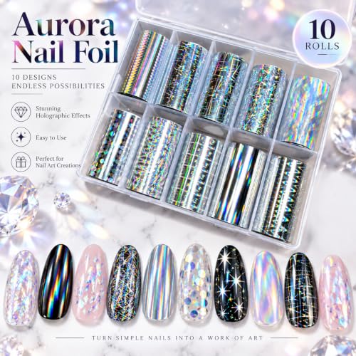 10Pcs Laser Aurora Nail Foil Transfer Stickers for Long Short Acrylic Nails - color: Silver