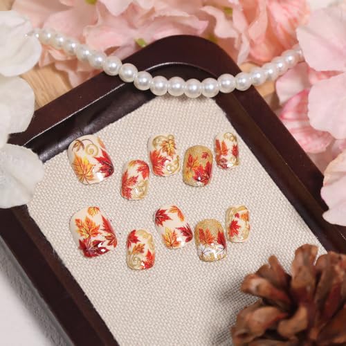 Fall Press on Nails Short Almond Maple Leaf Gold Foil Fake Nails