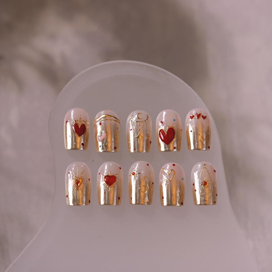 1 Sheet 5D Embossed Gold Star Nail Stickers Red Heart Moon Nail Art Stickers Valentines Day Nail Decals Love Sticker Valentines Day Gold Hearts Nail Supplies for Women DIY Acrylic Nails Decoration - style: red relief heart