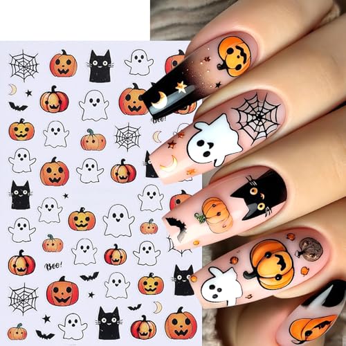 8Sheets Halloween Cute Heart Ghost Nail Stickers 3D Self-Adhesive Pumpkin Spider Web Nail Decals Pumpkin Bat Spider Web Black Cat Nails Design Star Nail Accessories for Women Holiday Manicure Decor - style: spider web