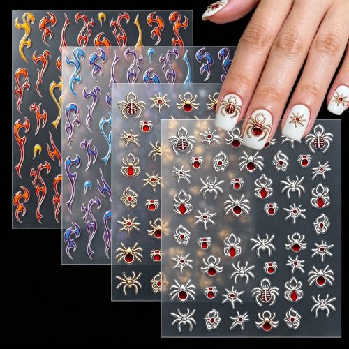 WOKOTO 4 Sheets Halloween Nail Stickers, Spider & Flame Nail Decals in Foil Gold Foil Silver Orange-Red & Blue-Purple, Self-Adhesive Gothic Nail Art Decals for Women Girls Halloween Manicure DIY Nails - color: Spider & Flame