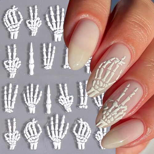 3 Sheets 5D Embossed Skull Nail Stickers for Nail Art Skeleton Nail Decals White Hand Bones Finger Skeleton Halloween Nail Art Supplies Gothic Nail Sticker for Women Halloween Nails Tips Decoration - style: skull