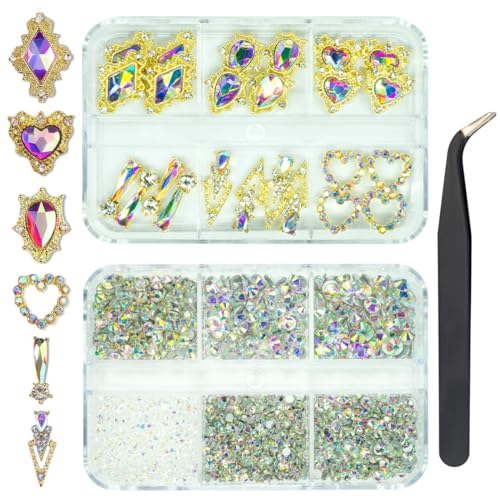 qiipii 24pcs Crystal AB Luxury Nail Charms +2000pcs Crystal White AB Rhinestones 3D Big Nail Gems K9 Glass Nail Crystals Diamonds Jewels Stones Alloy Nail Art Studs Decor Supplies for Nails Crafts DIY - color: Luxury Charms - Crystal AB, size: 2 Box