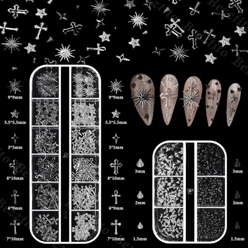 Punk Gothic Nail Art Studs, Black Silver Caviar Beads & Spike Nail Charms - color: S3