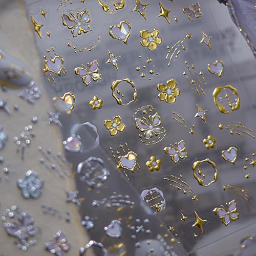 Gold Nail Stickers for Nail Art Flower Butterfly Nail Decals Golden Hibiscus Stickers for Nails Design 3D Self-Adhesive Gold Metal Stars Heart Coil Stickers for Nails Design Nail Supplies for Women - style: butterflies