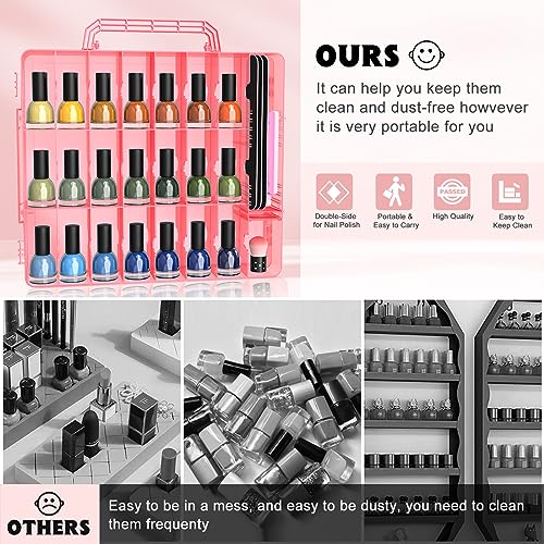 SUBAY 2 Pcs Portable Nail Polish Organizer, Clear Double Side Nail Polish Holder,Gel Nail Storage for 48 Bottles with 6 Adjustable Dividers in Each Side Space Saver Red - size: 2 Pcs Red