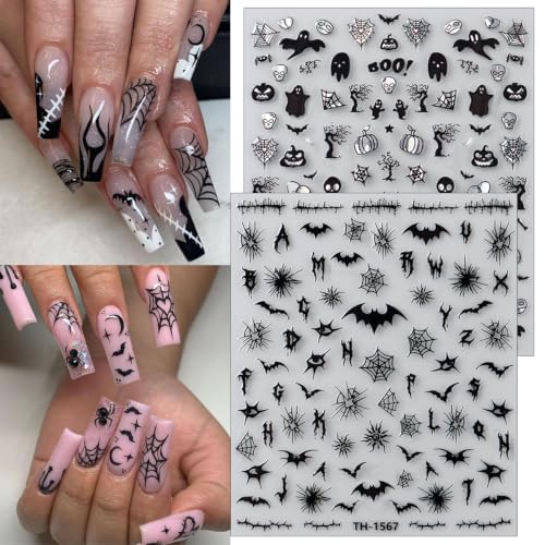 6 Sheets Halloween Nail Art Stickers Self Adhesive Horror Goth Nail Decals Bat Spiders Rose Spider Web Skull Ghost Nails Design Supplies Halloween Nails Decoration for Women Manicure Accessories - style: spider web bat