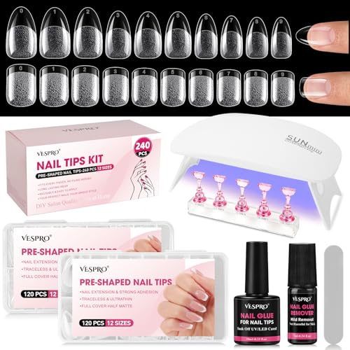 Full Cover Acrylic Nail Tips with Glue,240Pcs Almond & Square Nail Tips Kit