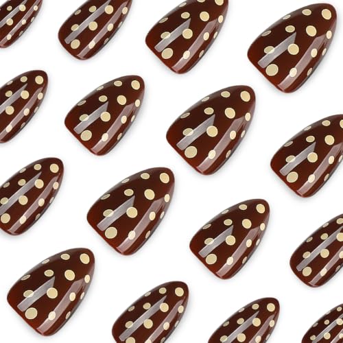 Fall Press on Nails Short Almond Brown Fake Nails Press on with Polka Dot - color: BD-Brown-15