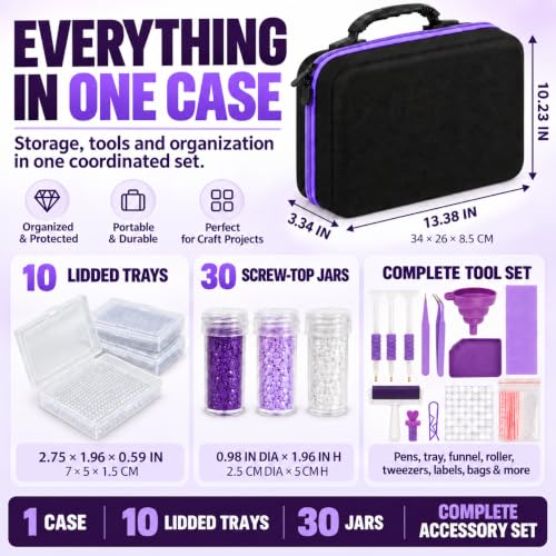 MERATIA Diamond Art Storage Case, 10 Lidded Trays and 30 Screw-Top Jars - color: Purple 40 Slots-2 Sizes