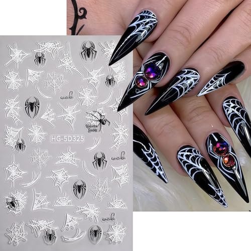 Halloween Nail Art Stickers Decals Black White Spider Web Spider Pattern Design 3D Self-Adhesive Nail Stickers Halloween Spider Nail Art Decals for Women DIY Festival Salon Manicure Decoration - style: Autumn