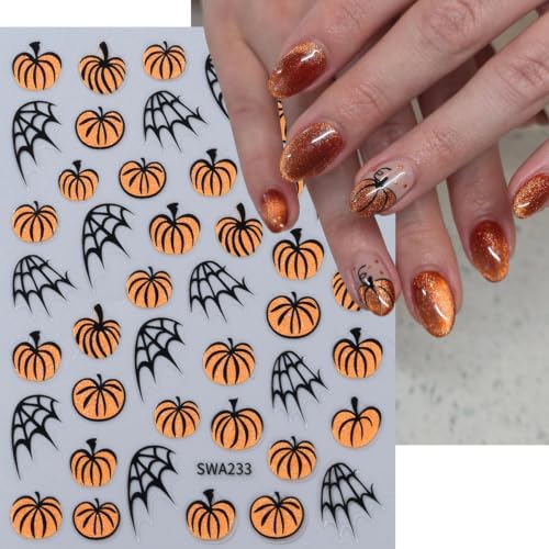 Halloween Pumpkin Nail Art Stickers Spider Webs Nail Art Decals 6 Sheets 3D Self-Adhesive Glitter Orange Yellow Pumpkin Stickers for Women Halloween Nail Supplies Fall Nail Decorations - color: Halloween Style4