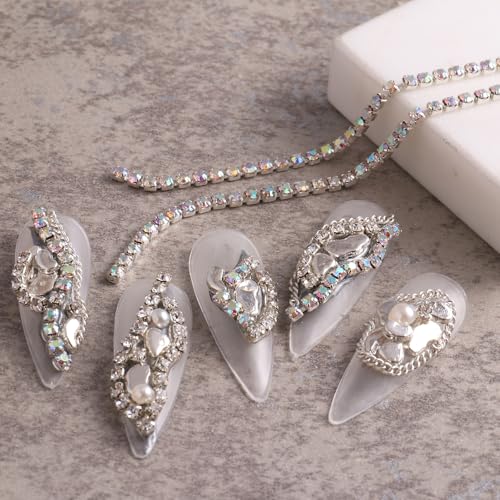 SUTOKAKA 6 Strips Rhinestone Pearl Alloy Nail Chain Charms - color: Gold Silver Rhinestone Pearl Chains