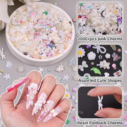 2000Pcs White 3D Nail Charms and Gems Set Random Cute Nail Art Decorations - color: White