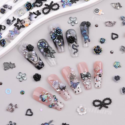2000Pcs 3D Black Gothic Nail Charms Bulk Y2k Dark Nail Gems for Crafts Set - color: Black