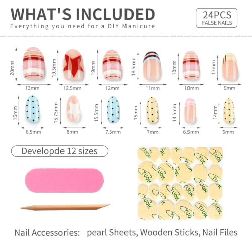 Y2K Cute Pastel Press On Nails, Short Almond Fake Nails with Candy Stripe, Polka Dot & Star Design, Glossy Handmade Reusable Nail Set for Women Girls - color: 83-Elliptical Rainbow