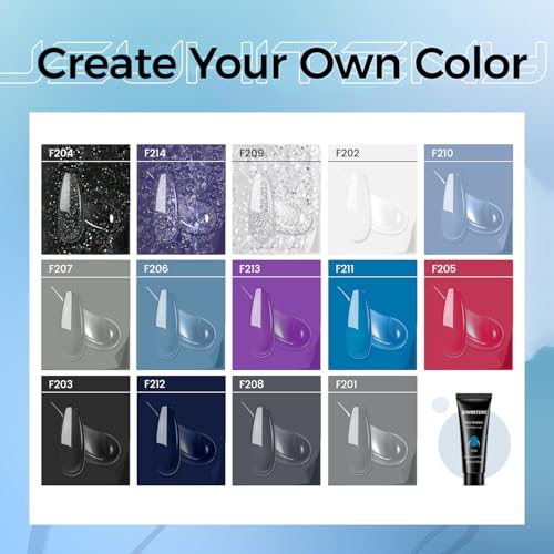 JEWHITENY Poly Nail Gel Kit 14 Colors Purple Nude Grey Black Blue Glitter Tones Starter Kit with UV Lamp Matte & Glossy Top & Base Coat All-in-One Designs DIY At Home - color: F02