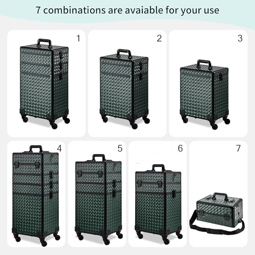 Rolling Makeup Case, Makeup Train Case with Lid, 5 in 1 Cosmetology Case on Wheels, Christmas Gift, Large Makeup Case Organizers, Profesional Cosmetic Case for Salon Barber,Black Green - color: Black Green
