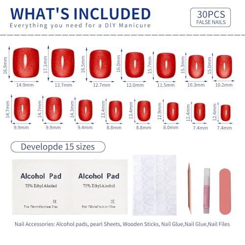 Short Square Red Cat Eye Press On Nails, Glossy Full Cover, 30 Pcs - color: B09-Classic True Red