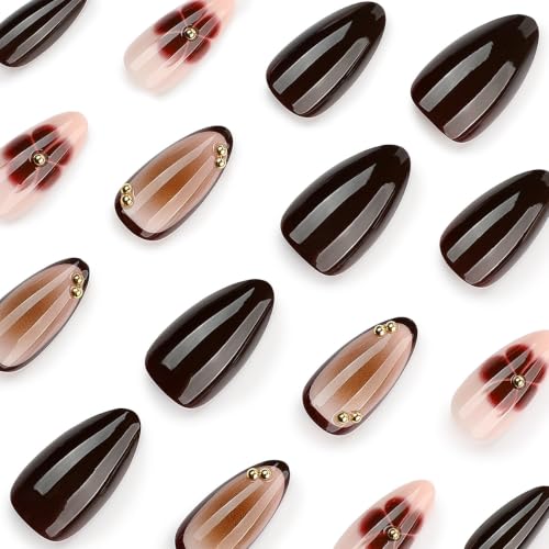 Brown Press on Nails Medium Almond, Polka Dots, Flower, Gold Beads, 24Pcs - color: Style-46