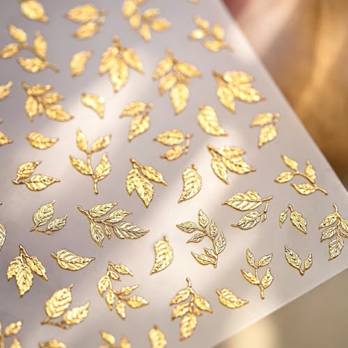 1 Sheet Fall Gold Leaf Nail Stickers 5D Embossed Self-Adhesive Nail Decals Metallic Leaves Nail Design Nail Stickers Autumn Golden Leaves Thanksgiving Supplies for Women Nails Decoration Accessories - color: Gold Leaf