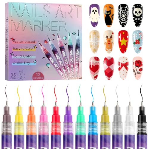 12 Colors Nail Art Pens Set, TOROKOM Nail Art Markers 3D Nail Polish Pens - color: 12 Color-D