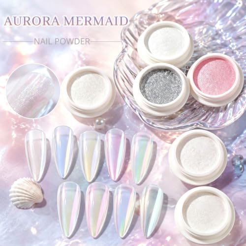 Aurora Chrome Nail Powder, 8pcs Iridescent Mirror Effect with Sponge Sticks