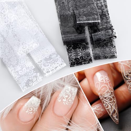 SmallCat 20 Sheets Nail Transfer Foil, Lace Nail Foil, Black, White - color: Black, White (100×2.5cm), Style1