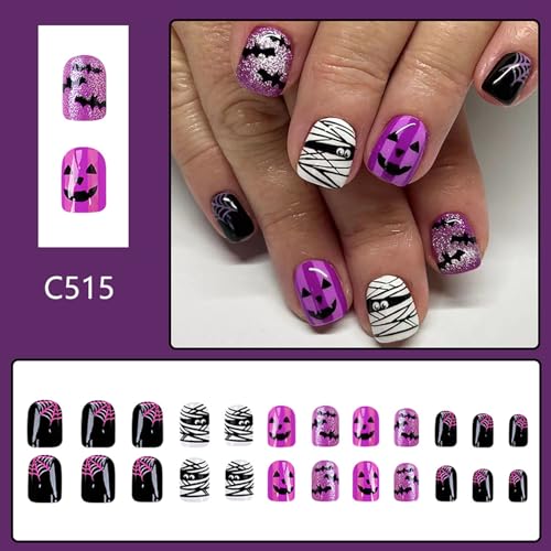 Halloween Press on Nails Short Square Fake Nails with Bat & Spider Web Designs Purple Gradient False Nail Sliver Glitter Stick on Nail Glue on Nails Bling Artificial Acrylic Nail for Women 24Pcs - color: Halloween style 02