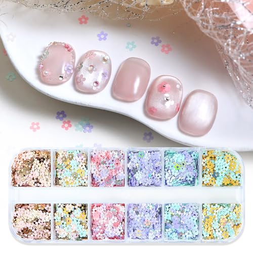 Spring Mini Flower Nail Art Glitter Sequin 12Boxes Cute Colorful Flower Nail Flake Decals 3D Holographic Five-Petaled Flower Nails Glitter Nail Art Supplies for Women Manicure Spring Nail Decorations - color: Five-Petaled Flower