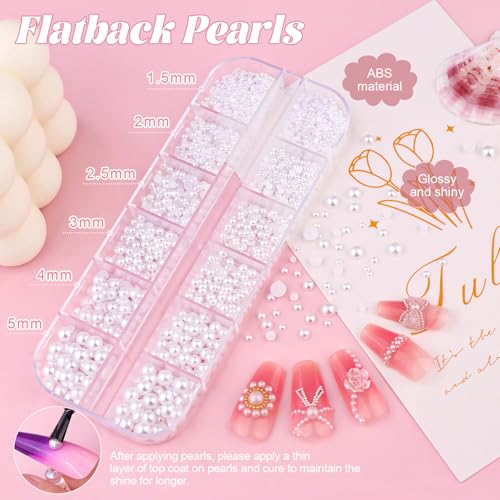 Flatback White Nail Pearls and 3D Flowers for Nails Caviar Nail Beads - color: 12 2 Boxes Nail Art Decos Set 31+Glue