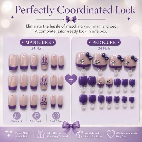 54pcs Dark Purple French Tip Press on Nails and Toenails Set, 3D Ribbon Bows & Pearls Fake Nails, Shimmer Nude False Nails Square Coffin Shape, Coquette Aesthetic Manicure Kit for Women - color: Dark Purple French
