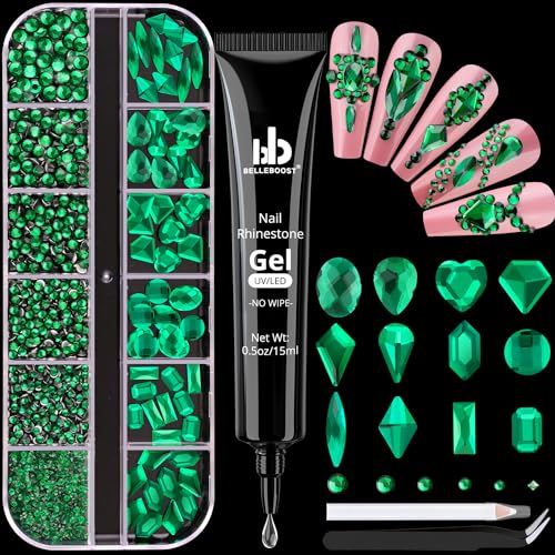 2060Pcs Emerald Green Glass Nail Rhinestones 60Pcs Multi Shapes Flatback Nail Gems + 2000Pcs 1.5-4mm Round Crystal with Rhinestones Glue Gel, Manicure Nail Charms Diamond Gemstone for Nail Art - color: 21 Emerald Green Crystal+ glue, size: 1 pack