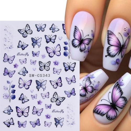 Butterfly Nail Art Stickers, Butterfly Nail Decals 3D Self Adhesive with Blue Purple Pink Yellow Butterflies Flower Design 6Pcs Spring Nail Art Supplies for Women Girls Spring Summer Nail Decoration - style: style2
