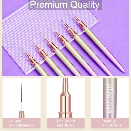 KEMEISI 6Pcs Nail Art Liner Brushes, Striping Nail Art Brush for Gel Polish Painting, Thin Detail Brush Fine Drawing Art Design Pen Size 5/7/9/11/15/25mm