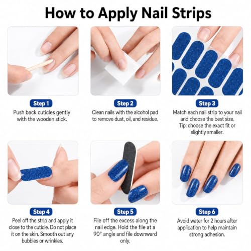 No UV Nail Stickers, 32 Blue Glitter Nail Wraps, Zero Dry Time - color: Blue Glitter
