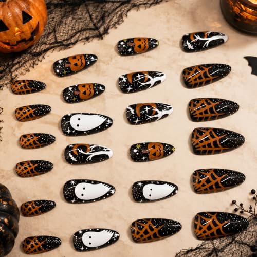 Halloween Press on Nails Ghost Pumpkin Black Fake Nails Set 24Pcs - color: halloween-design14