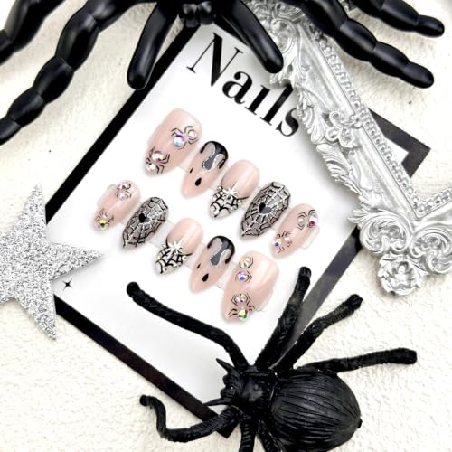 Halloween Press on Nails Medium Almond Fake Nails Spider Web Gothic Art - color: Halloween Press on Nails 02