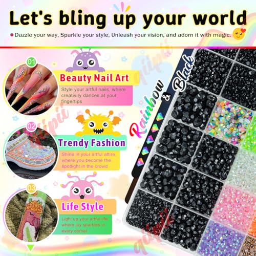 qiipii Pure Black Resin Rhinestones w B7000 Glue for Crafting Bedazzling 2mm-6mm Flatback Colorful Jelly Stones Diamonds Gems Bedazzler Kit for Nails Face Eyes Makeup Tumblers Bottles Shoes DIY Crafts - color: Black/Coffee, size: Jelly