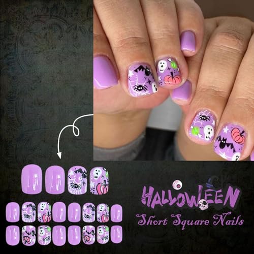 Halloween Press on Nails Short Square Fake Nails Purple Nails Press Ons with Ghost Bat Pumpkin Designs Acrylic Nails Full Cover Glossy Stick on Nails Cute Bat Glue on Nails for Women 24Pcs - color: Purple-7