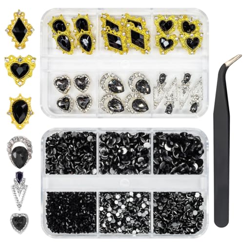 24pcs Black Luxury Nail Charms +2000pcs Jet Black Rhinestones 3D Big Nail Gems K9 Glass Nail Crystals Diamonds Jewelry Stones Alloy Nail Art Studs Decor Supplies Heart Charms for Arylic Nails Crafts - color: Luxury Charms - Black, size: 2 Box